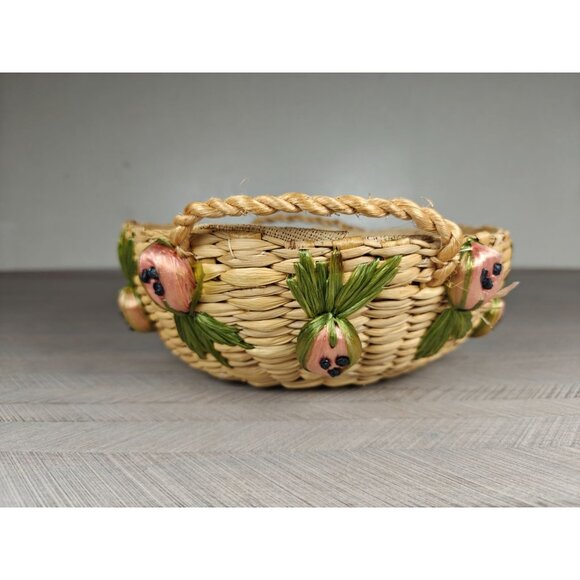 Vintage Woven Raffia Straw Round Casserole Basket With Fruit Accents Handles - Picture 3 of 9